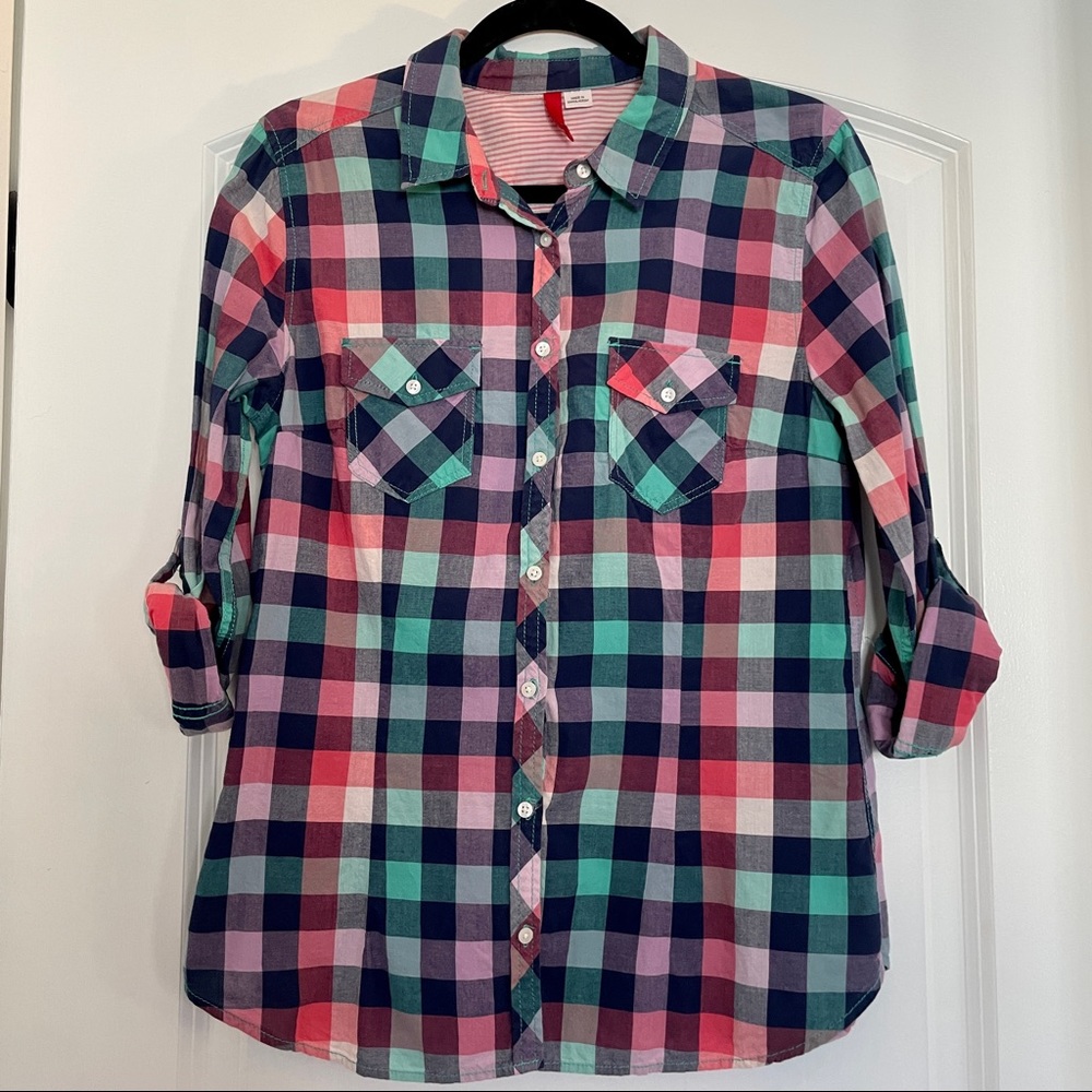 H&M Bright Plaid Long-Sleeve Button Down Shirt